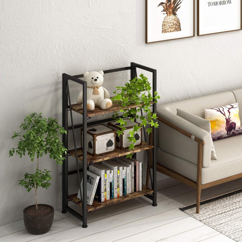 4NM No Assembly Folding Bookshelf Storage Shelves 3 Tiers Vintage Bookcase Standing Racks Study Organizer Home Office (Rustic Brown Black) - Image 2