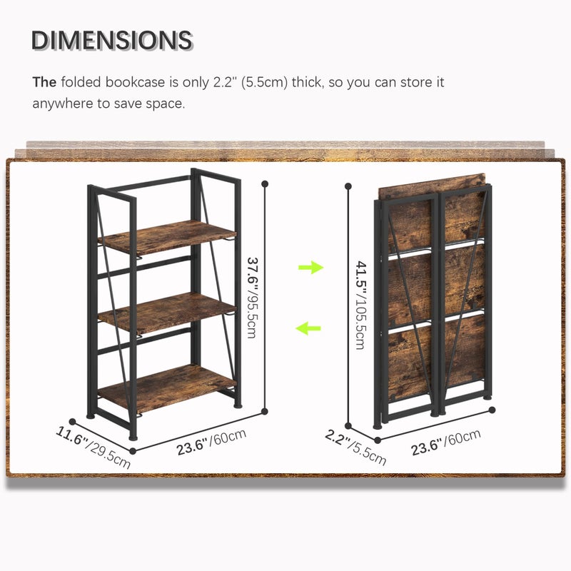 4NM No Assembly Folding Bookshelf Storage Shelves 3 Tiers Vintage Bookcase Standing Racks Study Organizer Home Office (Rustic Brown Black) - Image 5