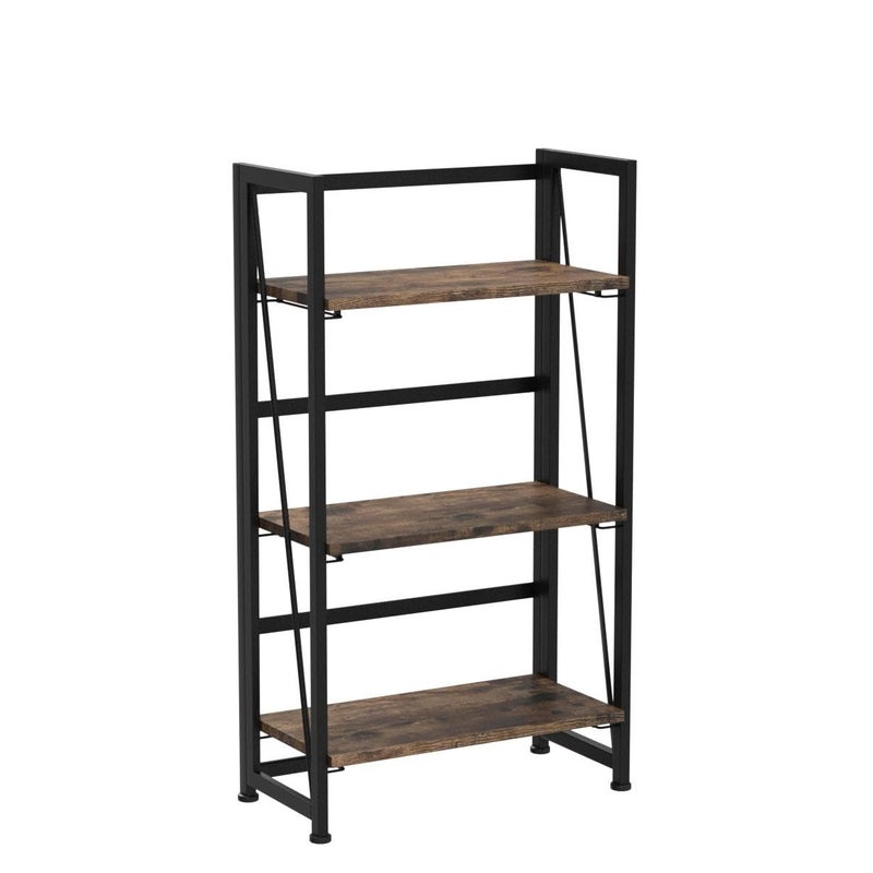 4NM No Assembly Folding Bookshelf Storage Shelves 3 Tiers Vintage Bookcase Standing Racks Study Organizer Home Office (Rustic Brown Black) - Image 4