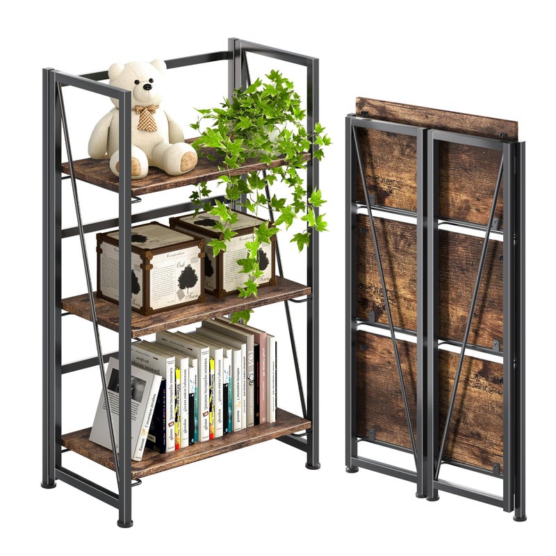 4NM No Assembly Folding Bookshelf Storage Shelves 3 Tiers Vintage Bookcase Standing Racks Study Organizer Home Office (Rustic Brown Black) - Image 1