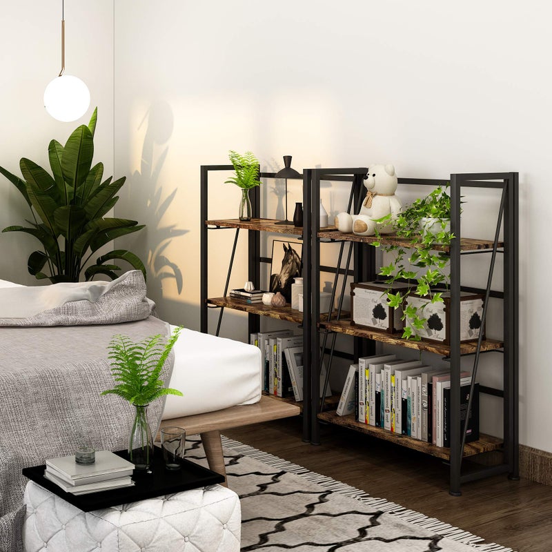 4NM No Assembly Folding Bookshelf Storage Shelves 3 Tiers Vintage Bookcase Standing Racks Study Organizer Home Office (Rustic Brown Black) - Image 3