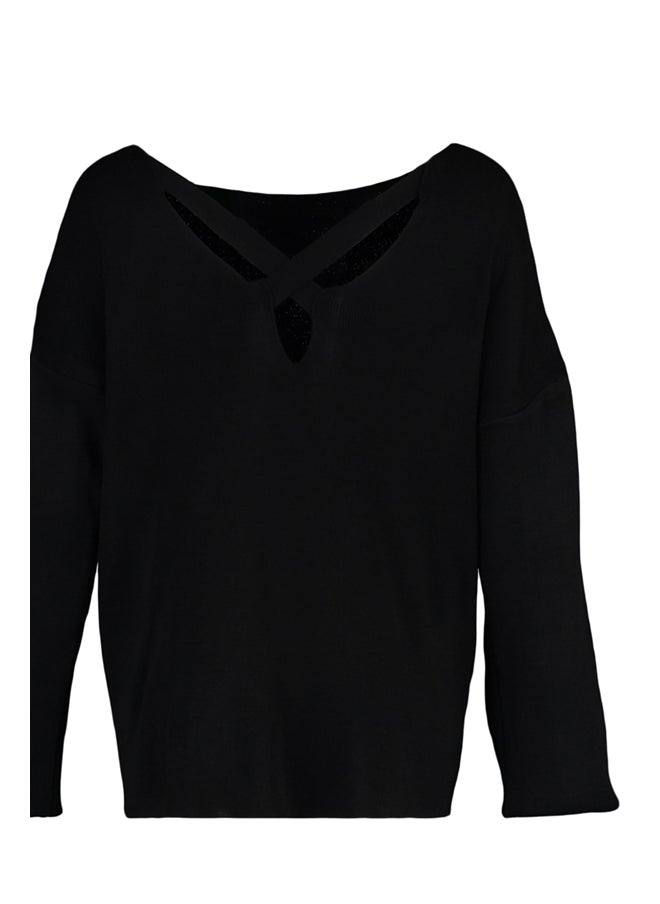 trendyol - Black Cross-Tape Detail Knitwear Sweater at the Back. - Image 1