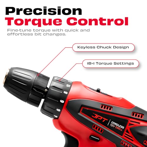 JPT 12-volt Multi-Tasking 3/8-inch Keyless Chuck Cordless Drill Machine | 24 Nm Torque | 1350 RPM Speed | 2 Speed Gear | 18+1 Clutch | 1500mAh Battery | Fast Charger | - Image 4