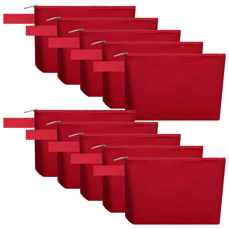 Sinzip 10 Pieces Cotton Canvas Makeup Bag with Bottom and Strap MultiPurpose Cosmetic Bag with Zipper Travel Toiletry Pouch Blank DIY Craft Bag Red S - Image 2