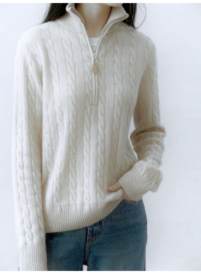 Leyuan Autumn Winter Cable Knit Long Sleeve Half-zip Sweater Loose Casual High Neck Pullover Women's Cardigan - Image 3