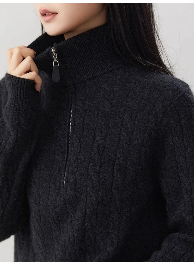 Leyuan Autumn Winter Cable Knit Long Sleeve Half-zip Sweater Loose Casual High Neck Pullover Women's Cardigan - Image 4