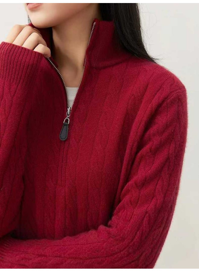 Leyuan Autumn Winter Cable Knit Long Sleeve Half-zip Sweater Loose Casual High Neck Pullover Women's Cardigan - Image 5