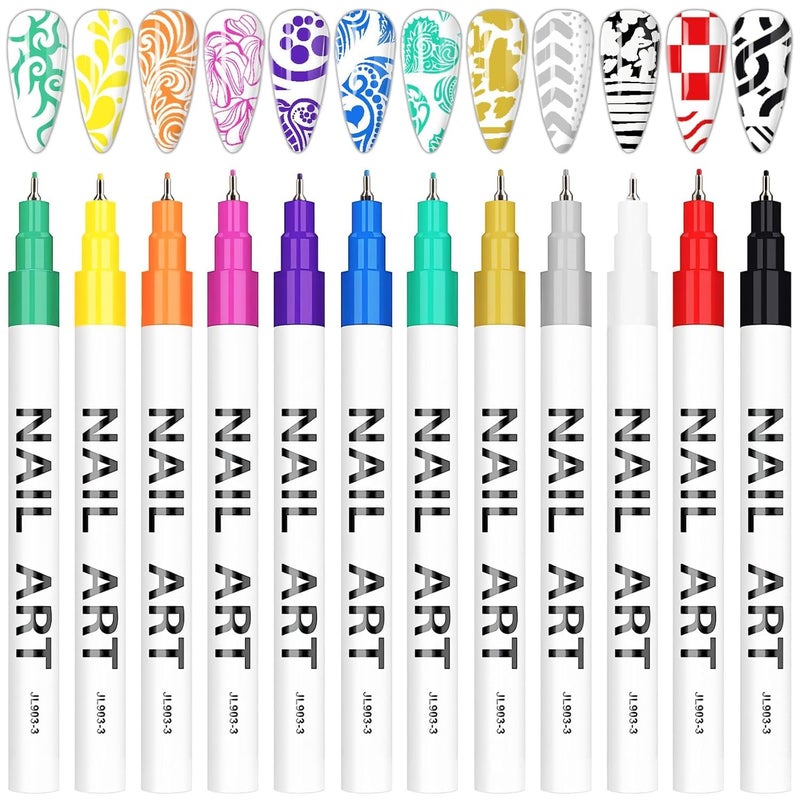 Kalolary 12 Color 3D Nail Art Pens Set Kalolary 05MM Nail Pens Nail Point Graffiti Dotting Pen Drawing Painting Liner Brush for DIY Nail Art Beauty Adorn Manicure Tools