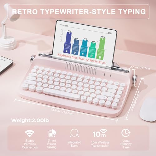 YUNZII ACTTO B303 Wireless Typewriter Keyboard Bluetooth Connection Cute Retro Aesthetic Design with Integrated Stand for Tablet Phone PC and WinMacAndroidB303 Baby Pink - Image 3