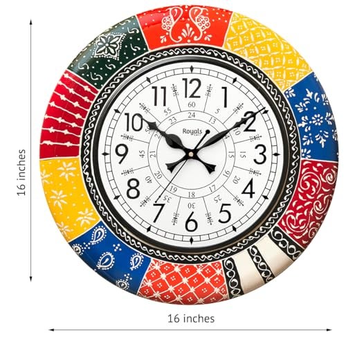 RoyalsCart Ethnic Handcrafted Decorative Wall Clock with Rajasthani Painting | Multicolour Wooden Clock for Living Room | 24 Hours | 16 Inch | Vintage Design | Silent Sweep Movement [KTWC139N] - Image 3