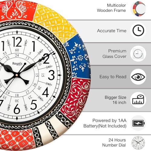 RoyalsCart Ethnic Handcrafted Decorative Wall Clock with Rajasthani Painting | Multicolour Wooden Clock for Living Room | 24 Hours | 16 Inch | Vintage Design | Silent Sweep Movement [KTWC139N] - Image 2