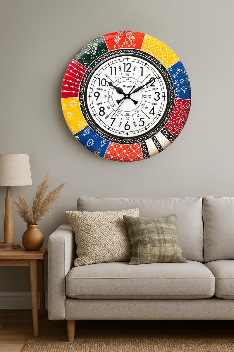 RoyalsCart Ethnic Handcrafted Decorative Wall Clock with Rajasthani Painting | Multicolour Wooden Clock for Living Room | 24 Hours | 16 Inch | Vintage Design | Silent Sweep Movement [KTWC139N] - Image 5
