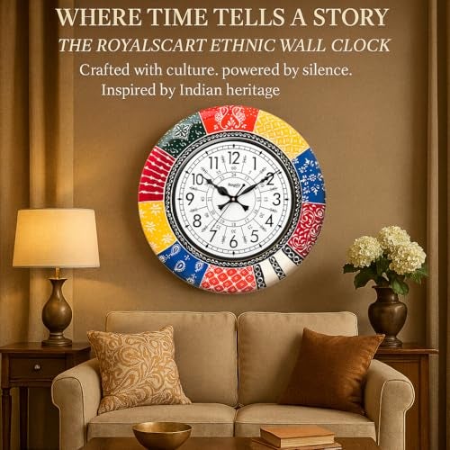 RoyalsCart Ethnic Handcrafted Decorative Wall Clock with Rajasthani Painting | Multicolour Wooden Clock for Living Room | 24 Hours | 16 Inch | Vintage Design | Silent Sweep Movement [KTWC139N] - Image 4