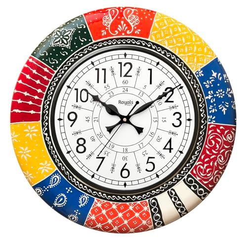 RoyalsCart Ethnic Handcrafted Decorative Wall Clock with Rajasthani Painting | Multicolour Wooden Clock for Living Room | 24 Hours | 16 Inch | Vintage Design | Silent Sweep Movement [KTWC139N] - Image 1