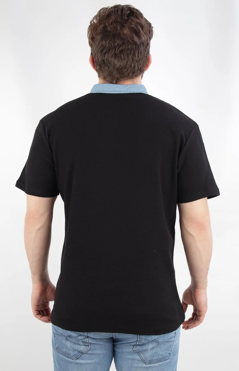Alexander Gardi Waffle Fabric Regular Fit Denim Polo Neck T-Shirt