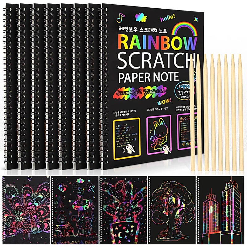 8 Pack Scratch Arts Drawing Notebook Paper for Kids Art Supplies Large Rainbow Scratch and Sketch Books Set for Kids Party Favors