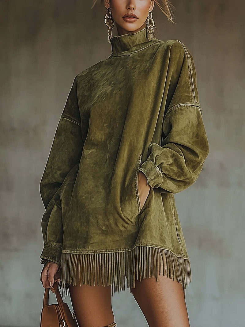 Independent Station High Collar Loose Flap Pocket Pants Tassel Long Sleeve Suede Dress - Image 1