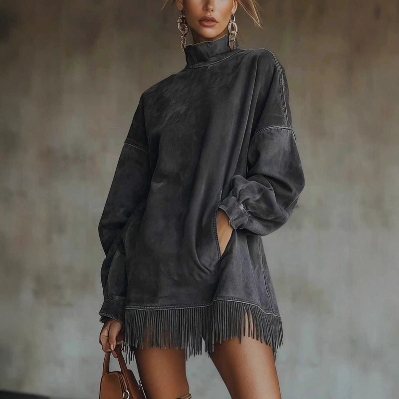 Independent Station High Collar Loose Flap Pocket Pants Tassel Long Sleeve Suede Dress - Image 3