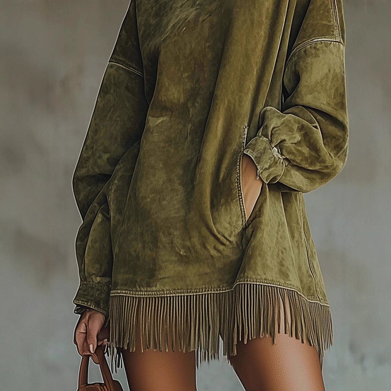 Independent Station High Collar Loose Flap Pocket Pants Tassel Long Sleeve Suede Dress - Image 5