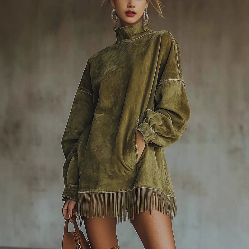 Independent Station High Collar Loose Flap Pocket Pants Tassel Long Sleeve Suede Dress - Image 2