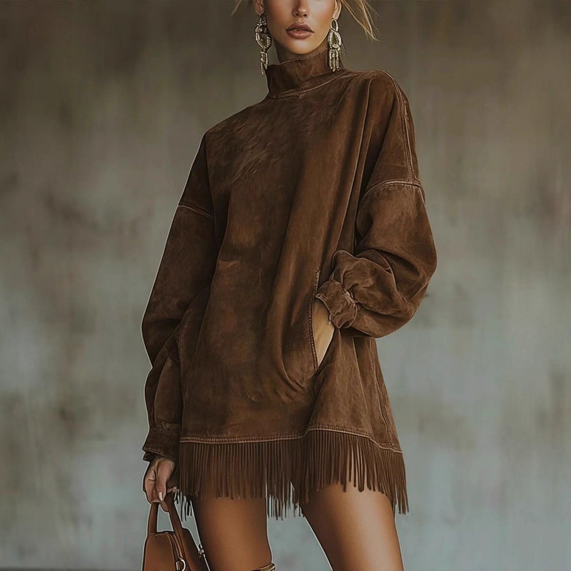 Independent Station High Collar Loose Flap Pocket Pants Tassel Long Sleeve Suede Dress - Image 4