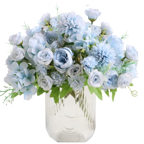 ASTRYAS Artificial Flowers, 2Pcs Blue Fake Peony Silk Peonies Faux Flowers Arrangements for Home Decor Wedding Party Christmas (Light Blue) - Image 1