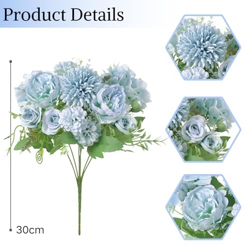 ASTRYAS Artificial Flowers, 2Pcs Blue Fake Peony Silk Peonies Faux Flowers Arrangements for Home Decor Wedding Party Christmas (Light Blue) - Image 4