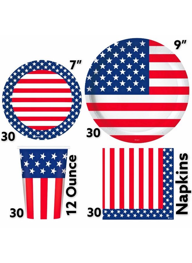 Oojami Serves 30 Ultimate 4Th Of July Patriotic Party Supplies Includes Plates Cups 1 Table Cover 30 Napkins 2 Pennant Banner 1 Usa Banner 30 Balloons And 12 Flags - Image 3