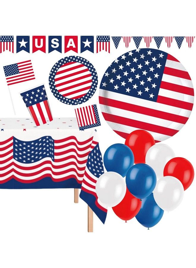 Oojami Serves 30 Ultimate 4Th Of July Patriotic Party Supplies Includes Plates Cups 1 Table Cover 30 Napkins 2 Pennant Banner 1 Usa Banner 30 Balloons And 12 Flags - Image 1