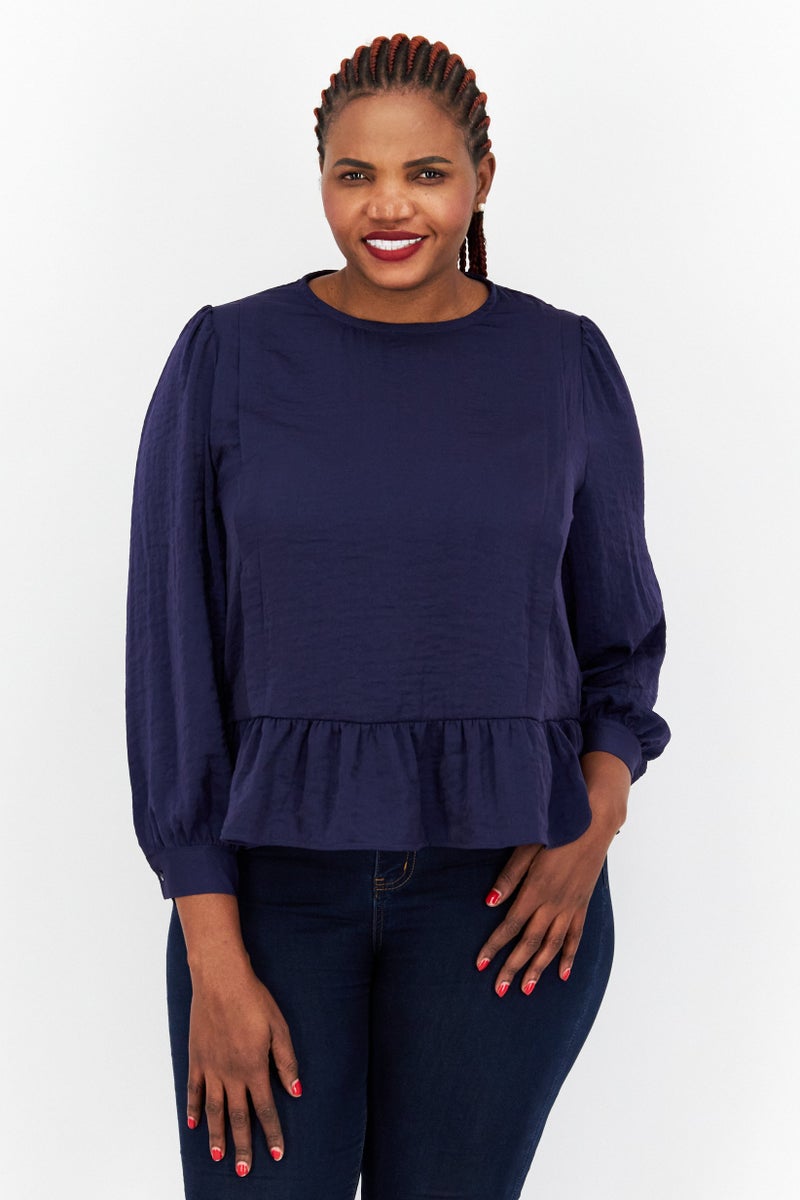 s.Oliver Women Crew Neck Long Sleeve Solid Tiered Blouse, Indigo  - Image 1