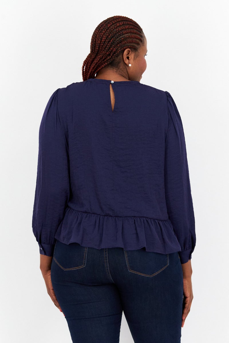 s.Oliver Women Crew Neck Long Sleeve Solid Tiered Blouse, Indigo  - Image 3