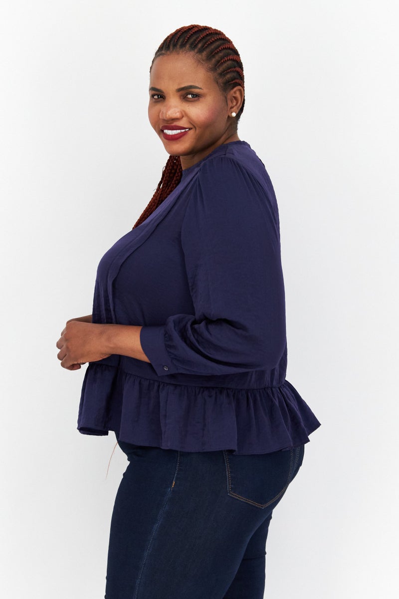 s.Oliver Women Crew Neck Long Sleeve Solid Tiered Blouse, Indigo  - Image 2