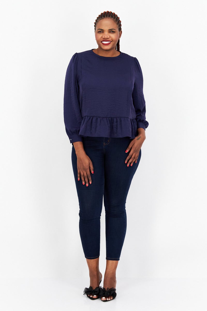 s.Oliver Women Crew Neck Long Sleeve Solid Tiered Blouse, Indigo  - Image 4