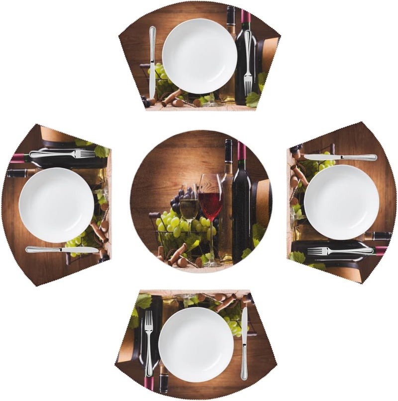 DXTKWL Wine Glass Grapes Placemats for Round Table Set of 4  Retro Wooden Wedge Place Mats With Centerpiece  Washable Heat Resistant for Indoor Kitchen Dining Decor - Image 1