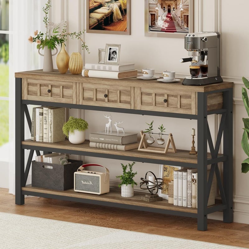 FATORRI Industrial Console Table for Entryway Rustic Sofa Table with 3 Drawers for Living Room Farmhouse Hallway Tables and Couch Tables Behind Sofa 5472 Inch Long Rustic Oak