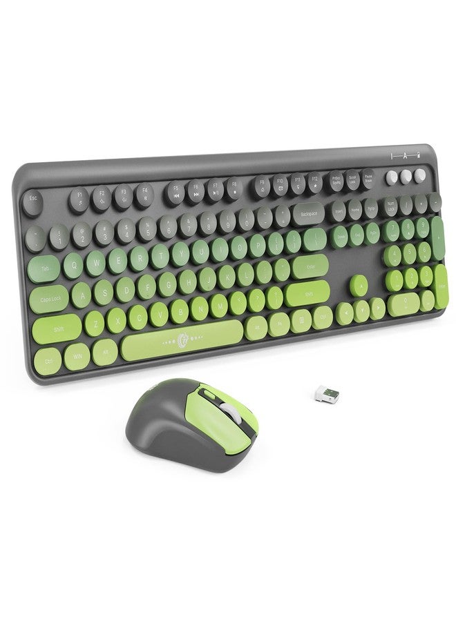 FD Wireless Keyboard and Mouse Combo - 2.4G Full-Sized Cute Colorful Mouse and Keyboard with 104 Round Keys Retro Typewriter Keyboard for Laptop/Windows/PC - Grey Green - Image 1