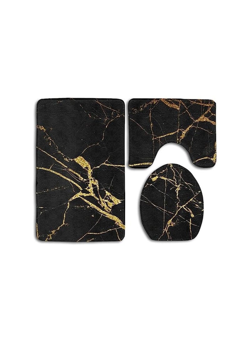 الرخام الملمس الحمام 3 قطع مجموعات حصيرة الركيزة حصيرة غطاء المرحاض غطاء حمام حصيرة ممسحة غير زلة البساط الأسود - Image 2