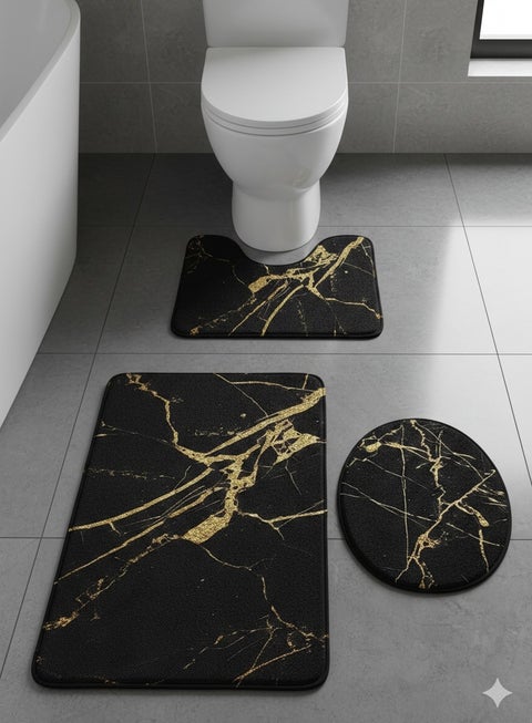 Marble Texture Bathroom 3Piece Mat Sets Pedestal Mat Lid Toilet Cover Bath Mat Doormat Non Slip Rug Black