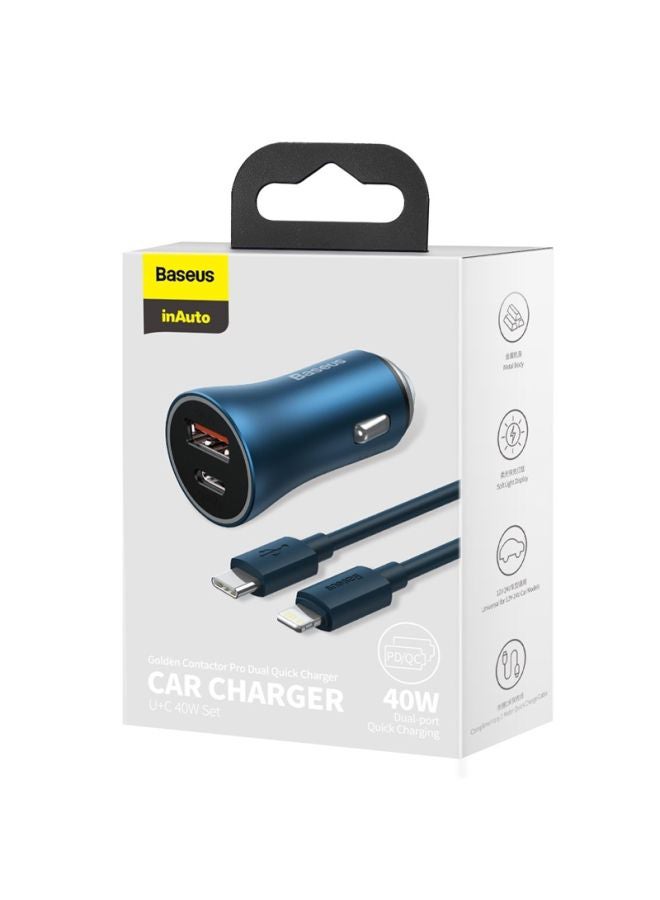 Baseus Car Charger 40W USB-C Adapter, PD 3.0 QC 4.0 Phone Fast Charging With Type-C to Lightning (1M) Cable Compatible For iPhone 14 Pro Max/14 Plus/14 Pro/14/13/12/11/Xs, iPad Pro and Type C Mobile Devices Blue - Image 2