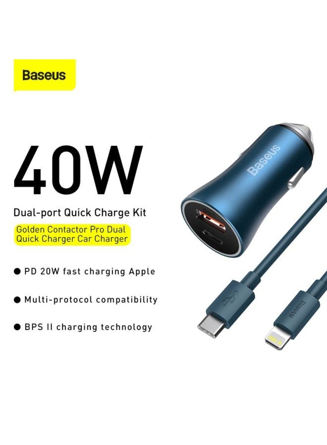 Baseus Car Charger 40W USB-C Adapter, PD 3.0 QC 4.0 Phone Fast Charging With Type-C to Lightning (1M) Cable Compatible For iPhone 14 Pro Max/14 Plus/14 Pro/14/13/12/11/Xs, iPad Pro and Type C Mobile Devices Blue - Image 3