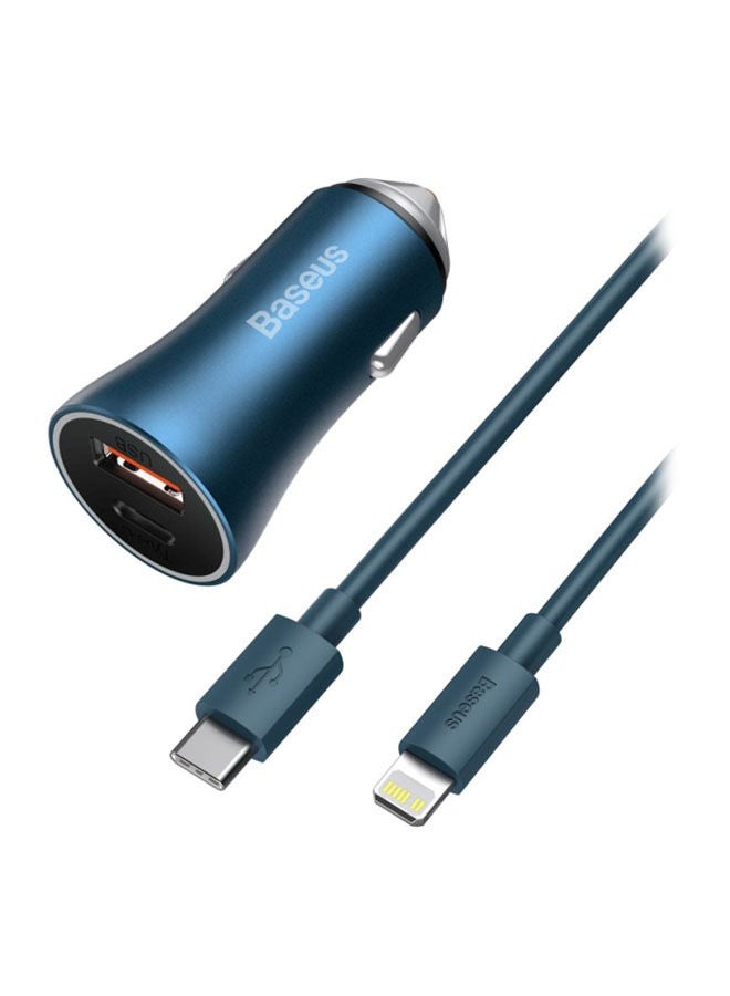 Baseus Car Charger 40W USB-C Adapter, PD 3.0 QC 4.0 Phone Fast Charging With Type-C to Lightning (1M) Cable Compatible For iPhone 14 Pro Max/14 Plus/14 Pro/14/13/12/11/Xs, iPad Pro and Type C Mobile Devices Blue - Image 1