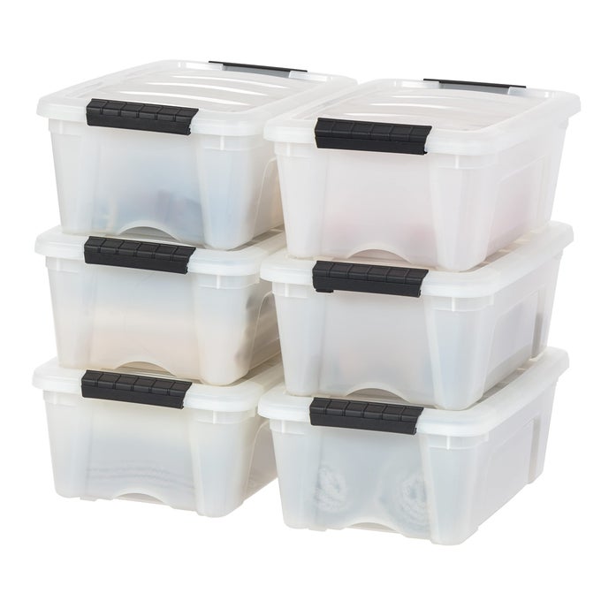 USA 13 QT STACKABLE PLASTIC STORAGE BINS WITH LIDS 6 PACK BPAFREE MADE IN USA DISCREET ORGANIZING SOLUTION LATCHES DURABLE NESTABLE CONTAINERS SECURE PULL HANDLE PEARL