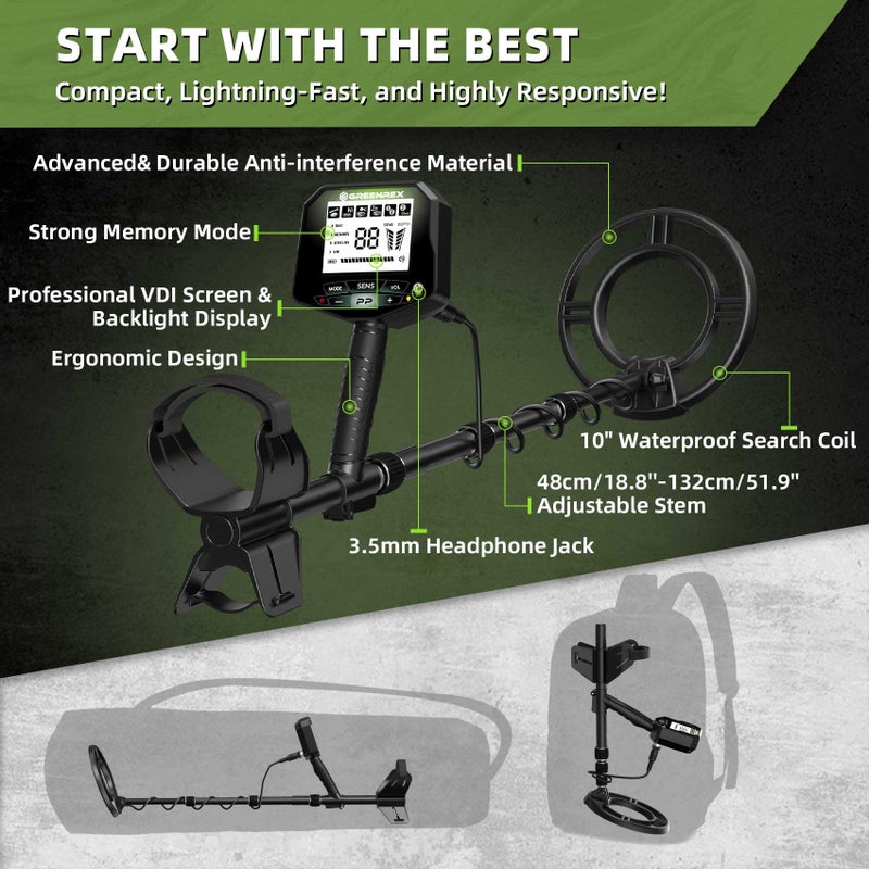 GreenRex Metal Detector for Adults Professional, Waterproof Pinpoint, High Accuracy Gold and Silver Detection, Underwater and Beach Use, 10'' IP68 Coil, Bigger LCD, New Advanced DSP Chip, Black - Image 2