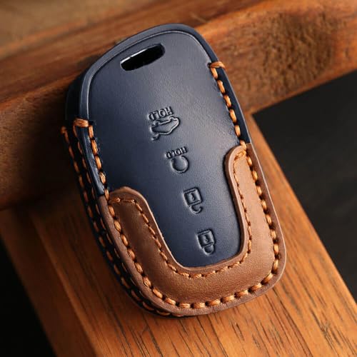 keyzone dual leather key cover for Hyundai Alcazar, Creta 2021 onwards 4 button smart key (Blue-Brown) - Image 4