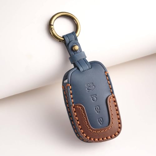 keyzone dual leather key cover for Hyundai Alcazar, Creta 2021 onwards 4 button smart key (Blue-Brown) - Image 2