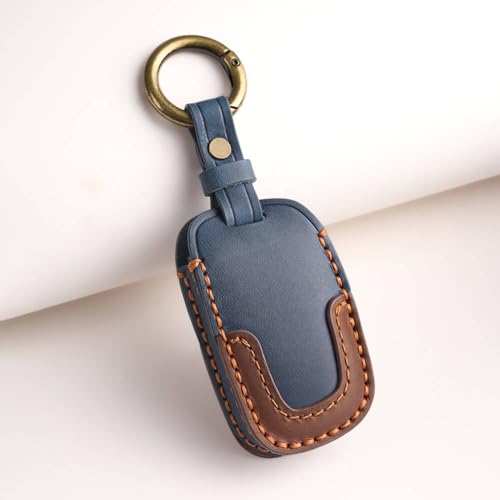 keyzone dual leather key cover for Hyundai Alcazar, Creta 2021 onwards 4 button smart key (Blue-Brown) - Image 3