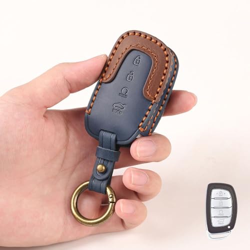 keyzone dual leather key cover for Hyundai Alcazar, Creta 2021 onwards 4 button smart key (Blue-Brown) - Image 1