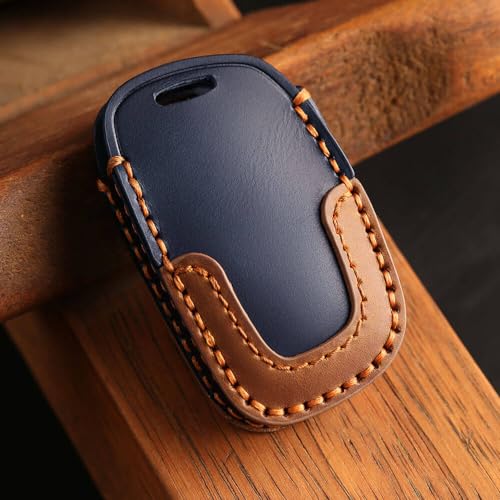 keyzone dual leather key cover for Hyundai Alcazar, Creta 2021 onwards 4 button smart key (Blue-Brown) - Image 5