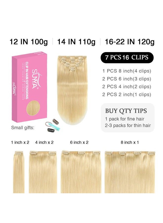SUYYA Clip in Hair Extensions - Real Human Hair, Bleach Blonde, Straight, Double Weft Clip ins, 7pcs 110g (14 inches #613) - Image 2