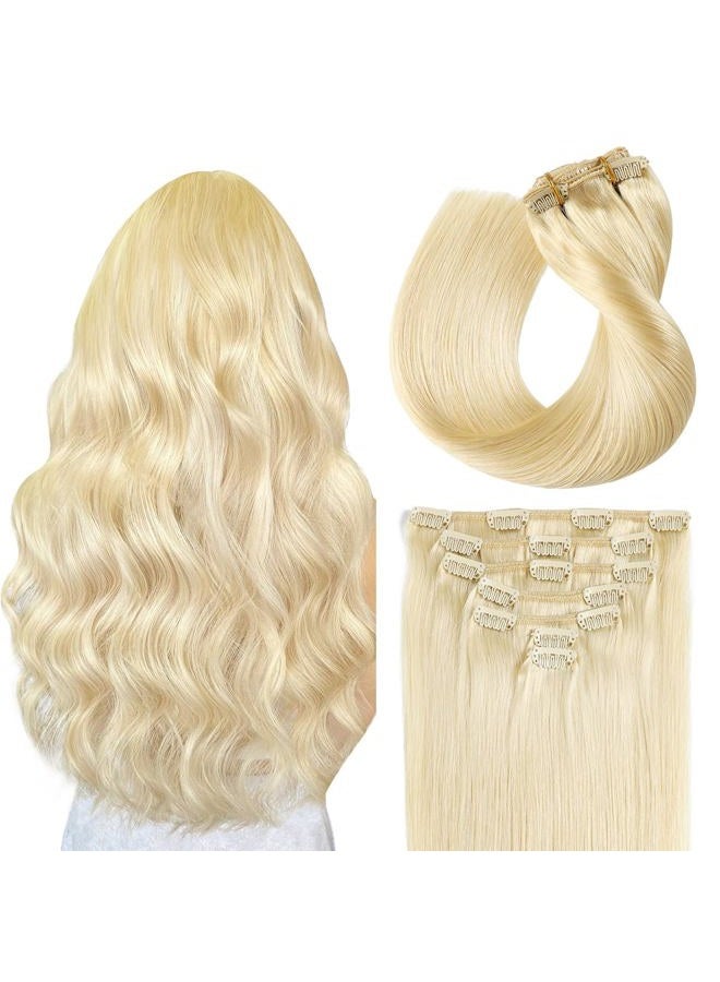 SUYYA Clip in Hair Extensions - Real Human Hair, Bleach Blonde, Straight, Double Weft Clip ins, 7pcs 110g (14 inches #613) - Image 1